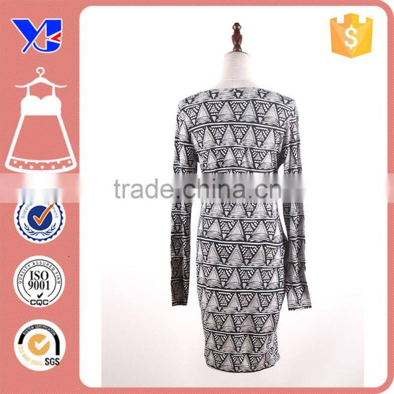 Fashion Fitted White Black Print Long sleeve Cheap Price Strength Milk Silk Dress