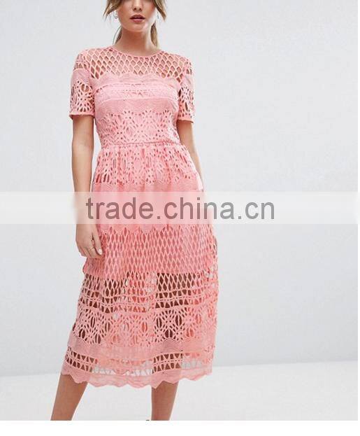 Guangzhou Clothing OEM Fit-and-flare Style Crocheted Nylon Keyhole Back Formal Dress