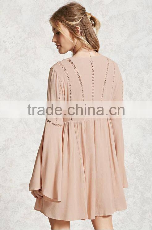 Fashion Long Bell Sleeve Chiffon Embroidery Summer Short Dress Women