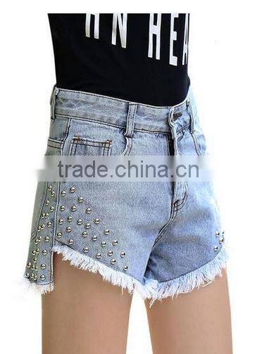 High-Rise Waist Denim Rip Shorts With Rivet Embellished