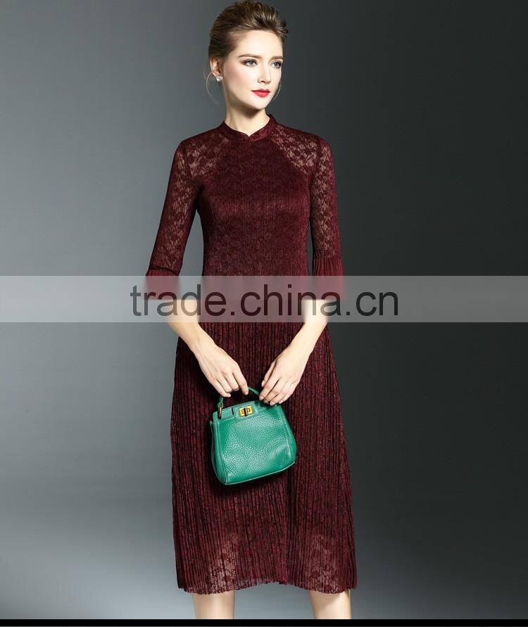 Elegant lady lace hollow out embroidery A-line pleated fold lace dress