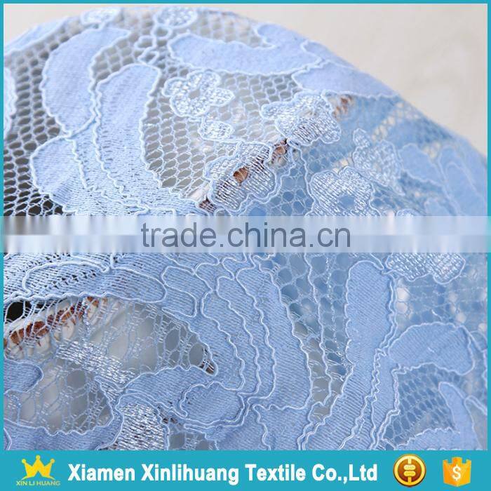 New Stylish Light Blue 100 Polyester Embroidery Lace Fabric for Dress