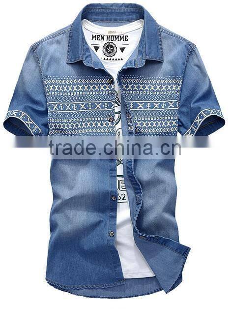 Mens jeans shirt new fashion printed short sleeve slim shirt 22