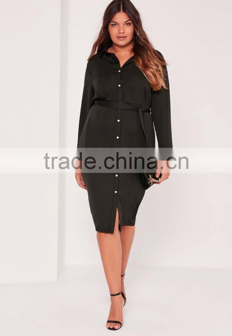 Plus Size Satin Button Through Belted Shirt Dress Rayon Black Long Sleeve Shirt Dress