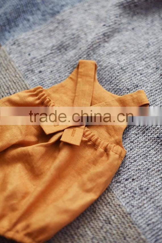 Lastest Baby Clothing Design Baby Girl Plain Mustard Linen Bodysuit With White Peter Pan Collar Girls Romper Wholesale