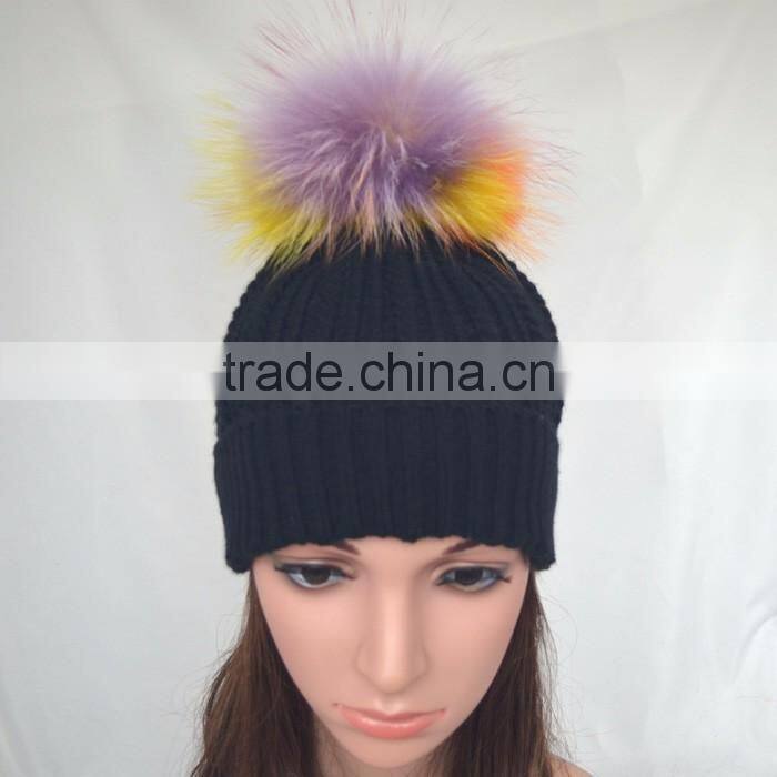 Myfur Rainbow Color Real Fur Pompom Woolen Knit Beanie Hat Wholesale