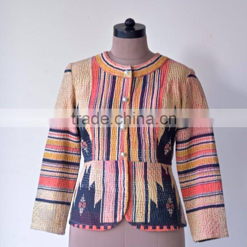Hand Crafted Kantha Jacket in Beautiful Vintage Color Print ~ Large