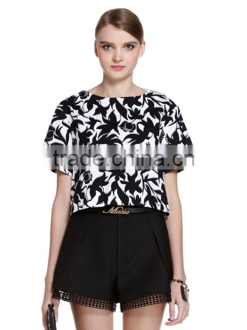 Womens cotton full printing loose back zipper-up shirt/blouse