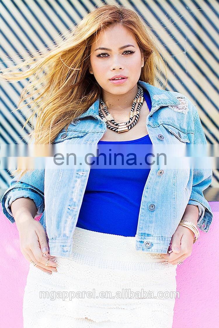 China OEM plus size clothes crop length denim jacket woman