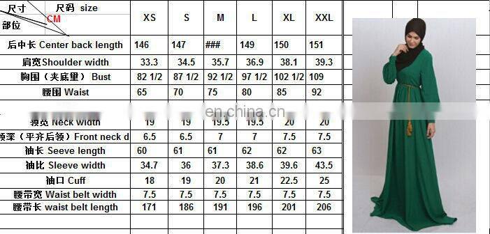 Long sleeve muslim dress for woman,chiffon maxi dress with belt