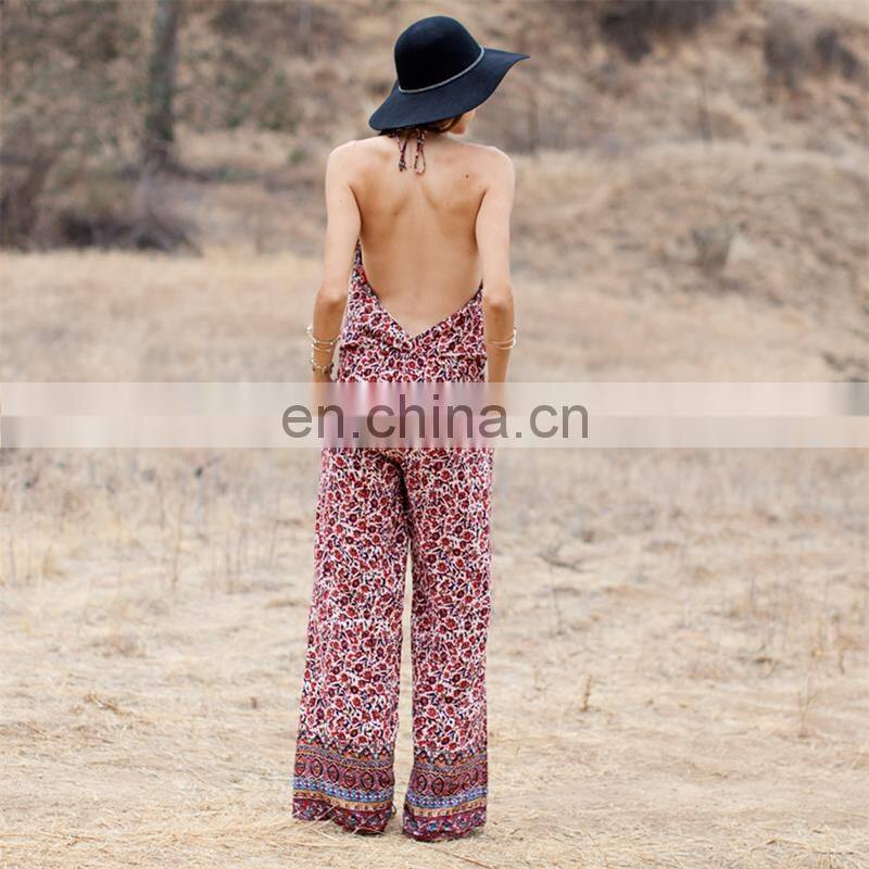 Womens open back sexy floral printing ladies jumpsuit