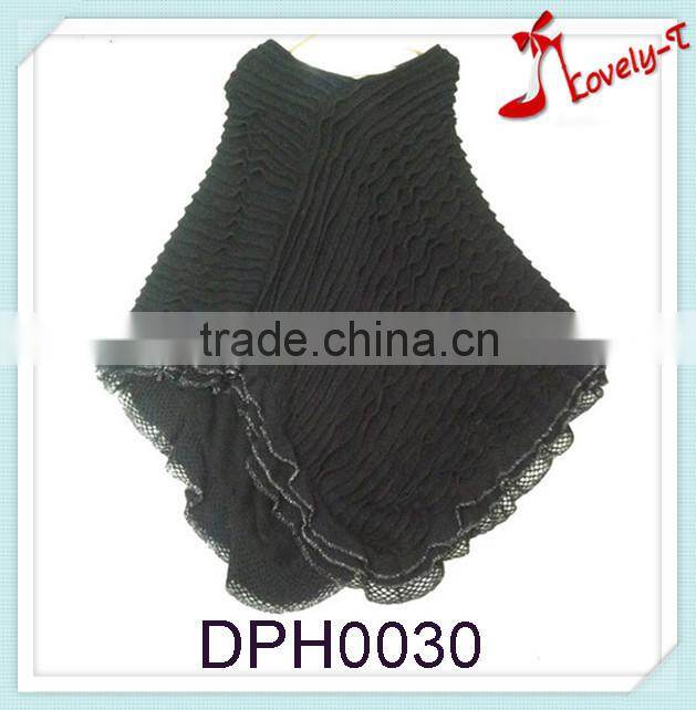 New arrival blacck ripple crochit knit pullover poncho sweater with lace on the fringe