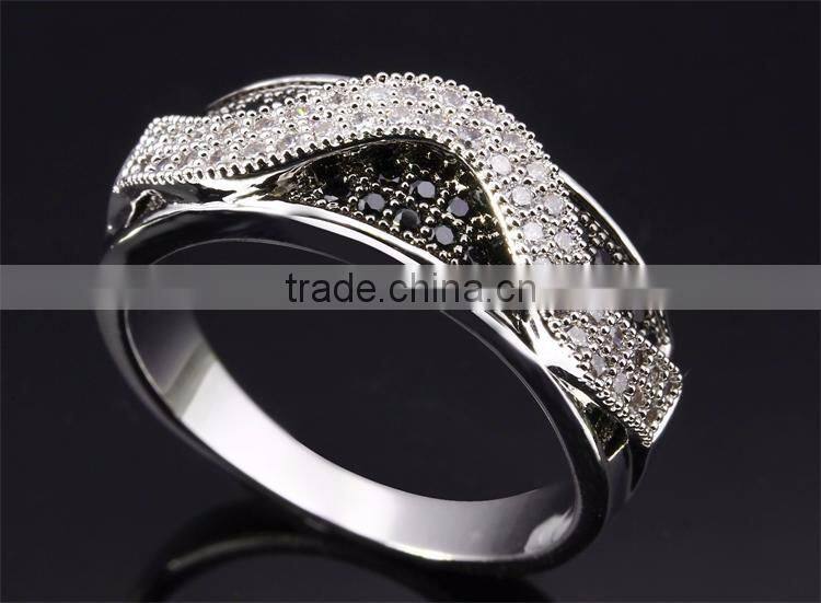 Trending Style Curve Wavy Pattern Jet & Clear Zirconia Stones Party Jewelry Ring
