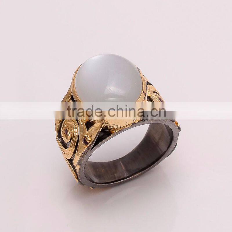 925 SOLID STERLING FINE SILVER RAINBOW MOONSTONE RING BLACK & GOLD RHODIUM