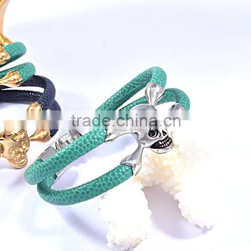 Wholesale Customized Logo Genuine leather silver gold skull bangle bracelet for ARSL-04599