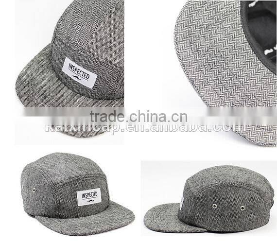 custom-made herringbone 5 panels cap with woven label patch logo