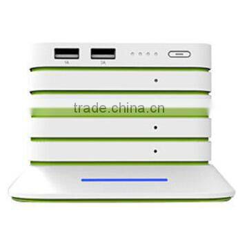 Multifunction stackable power bank with solar panel, wireless panel, fan model