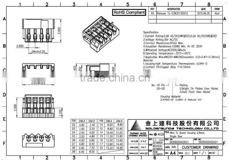 0.8mm Pitch Plastic Housing 02~10, 12, 14~17, 20 pins Electronics Product IDC Connector