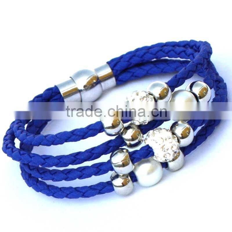 Lady PU Leather Cuff Wrap Wristband Magnetic Buckle Bracelet with Sliding Beads