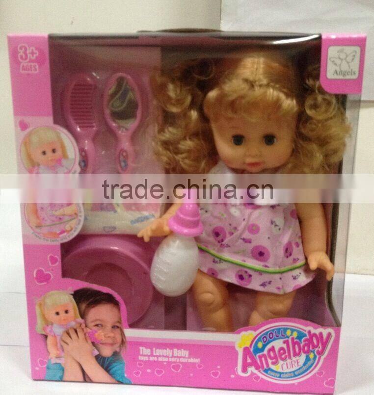 Hot selling 14inch soft material doll set drinking peeing girl baby doll toy