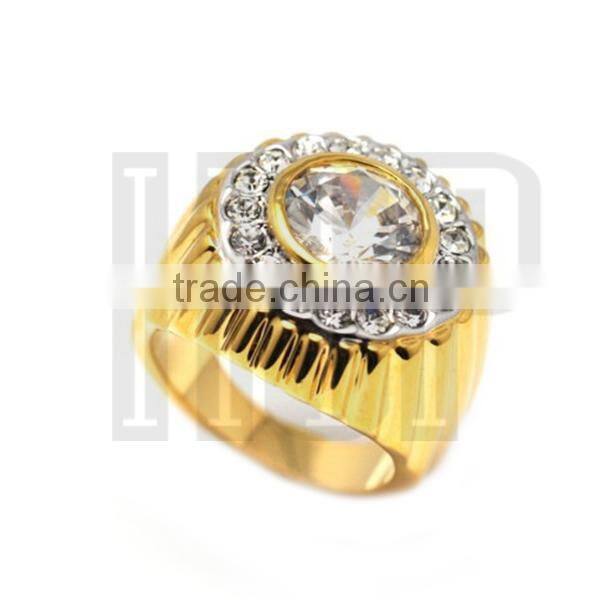Men's Gold Bling Big Diamond Crystal Center Iced Out Ring