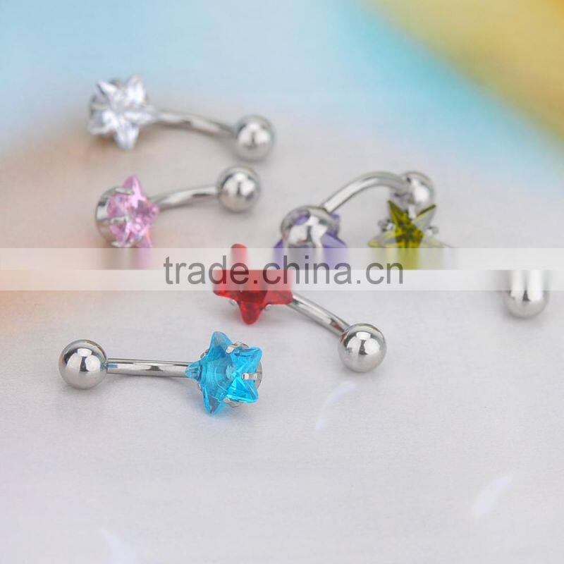 Multi Color Five-Pointed Star Shape Zircon Inlay Non-dangle Belly Button Naval Ring.