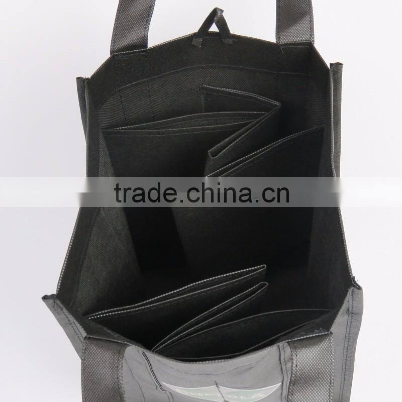 Portable Gift Black Color 6 Bottle Wine Bag, Non Woven Wine Bag, Liquor Bottle Wine Bag