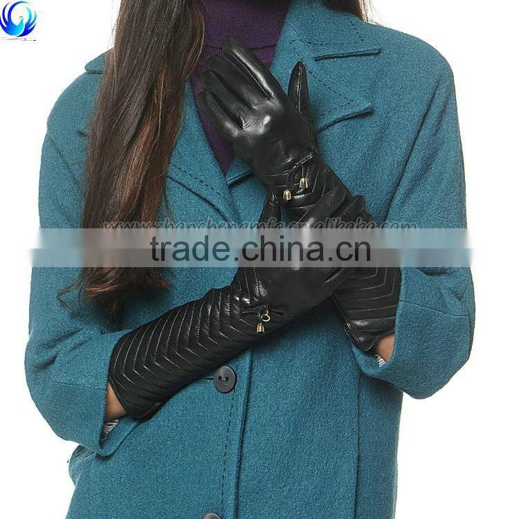 Fashion new style ladies wool lined long black sheepskin leather gloves