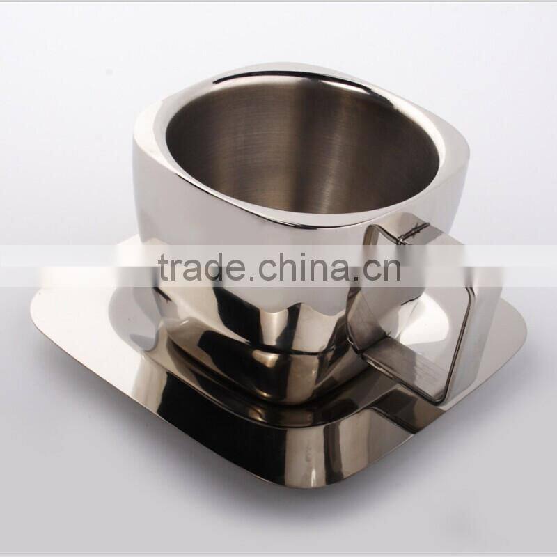 stainless steel 18/8 square double wall tea coffee mug food safety coffee cup with dish