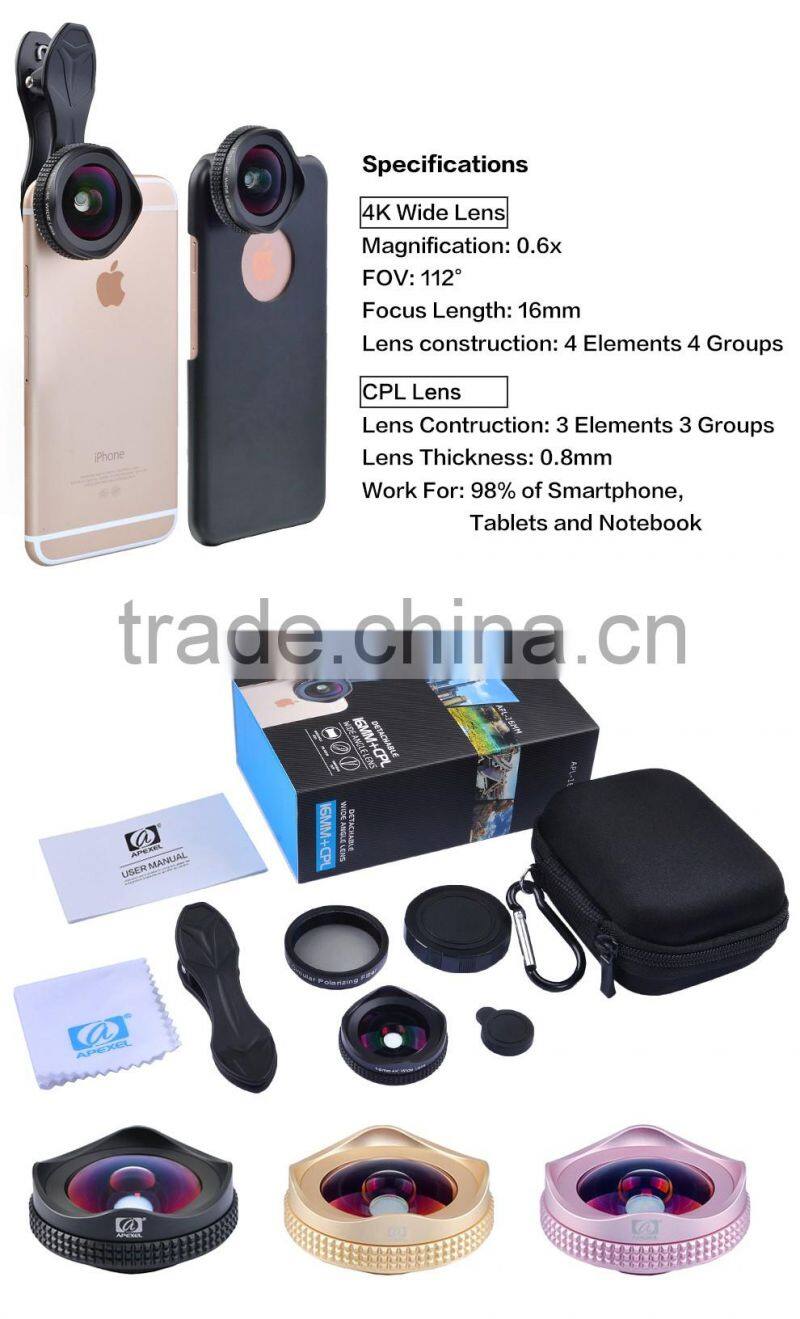 APEXEL 16mm 4K Wide Angle Lens+CPL Filter 2 in 1 Camera Lens for mobile phone,Black/Rose Gold Clip Wide Angle Lens for iPhone