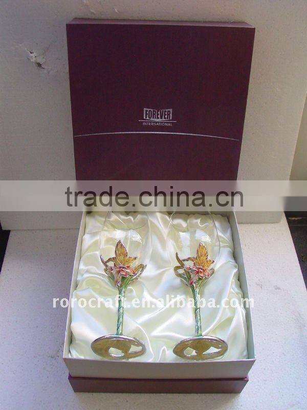 pewter base and stem with enamel color crystal wine glass