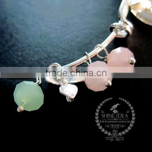 silver flower round photo locket ice pink glass beads orchid flower charms fashion women chic wiring bangle bracelet 6440014
