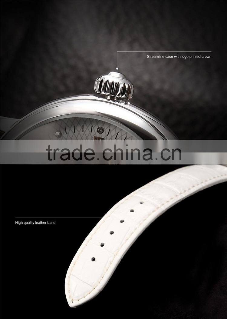 2015 Fashion Roman White Leather Band Skeleton Mechanical Automatic Men Watch