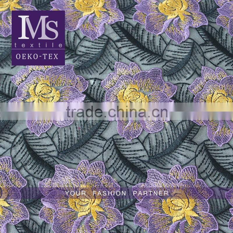 Top fashionable colorful leaves embroidered lace fabric dresses fabrics