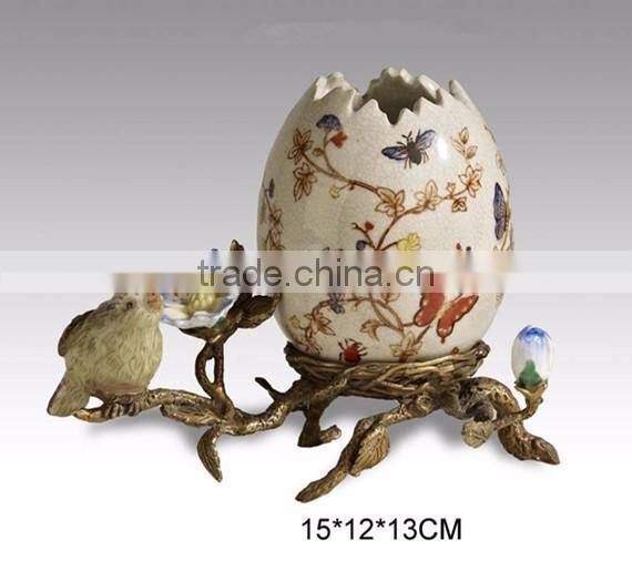 Elegant Porcelain Jar Vase With Brass Base, Blue & White Design Ceramic Egg Shaped Vase, Home Decor Imitate Bird Flowr Pot