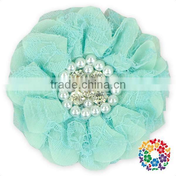 posh ivory cheap wholesale handmade rhinestone center lace fabric flower