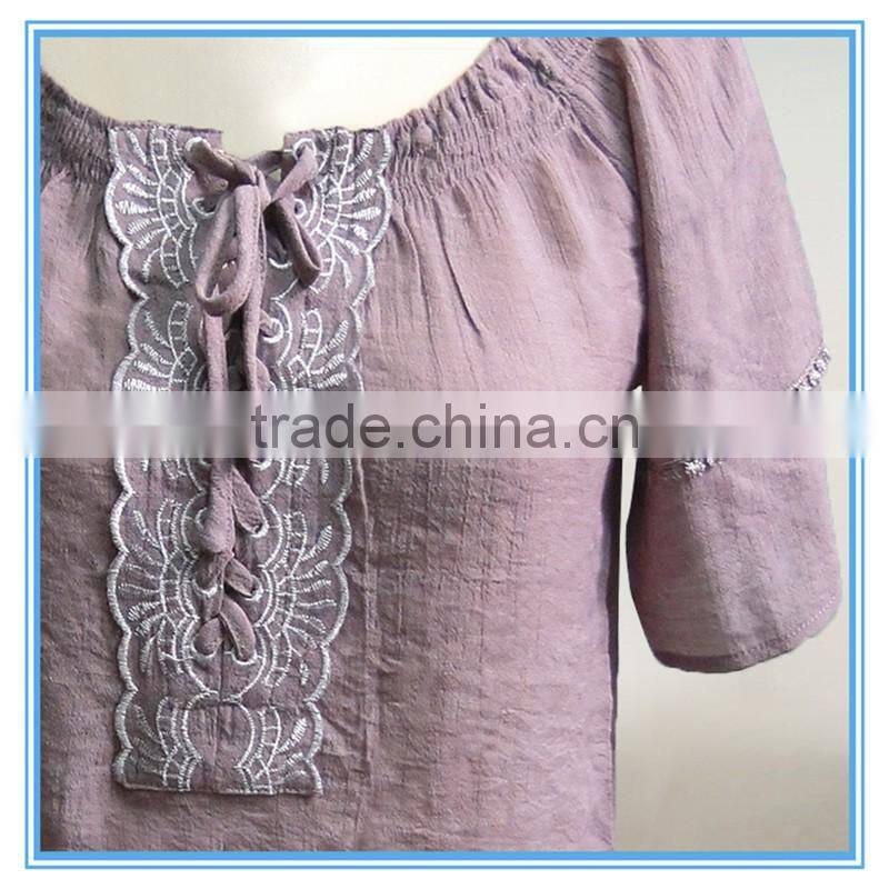 Ladies Latest Fashion Design Blouses And Tops Tie Front Open Embroidery Design