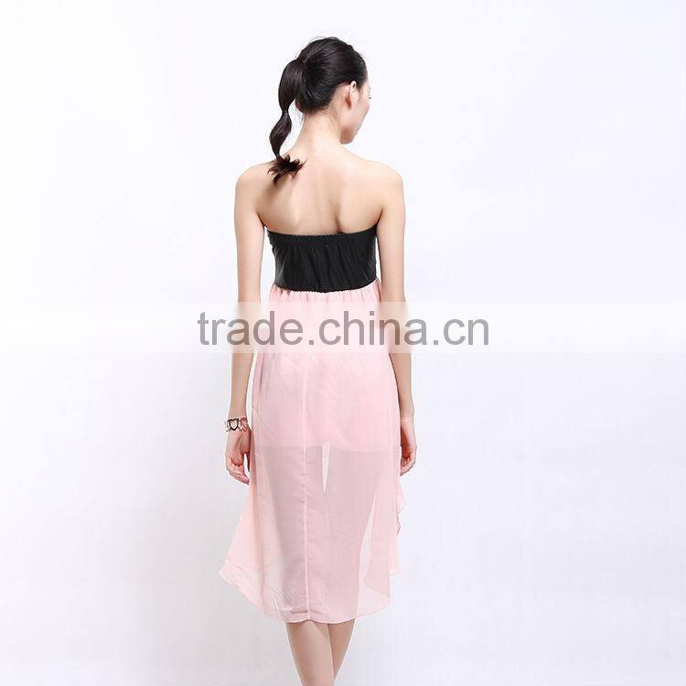 2017 new fashion patchwork chiffon skirt black leather tube top