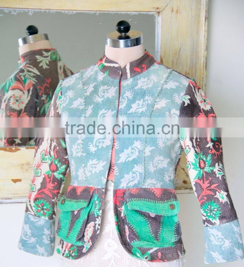 Vintage Kantha Jacket in Dirty Green & Brown ~ Small