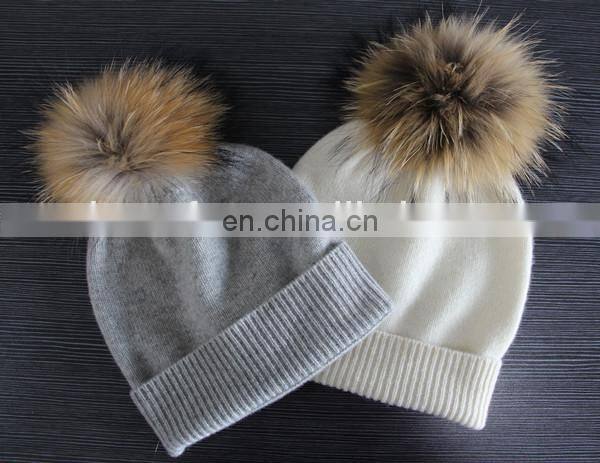navy color plain cashmere beanie hat & scarf with raccoon fur pom pom