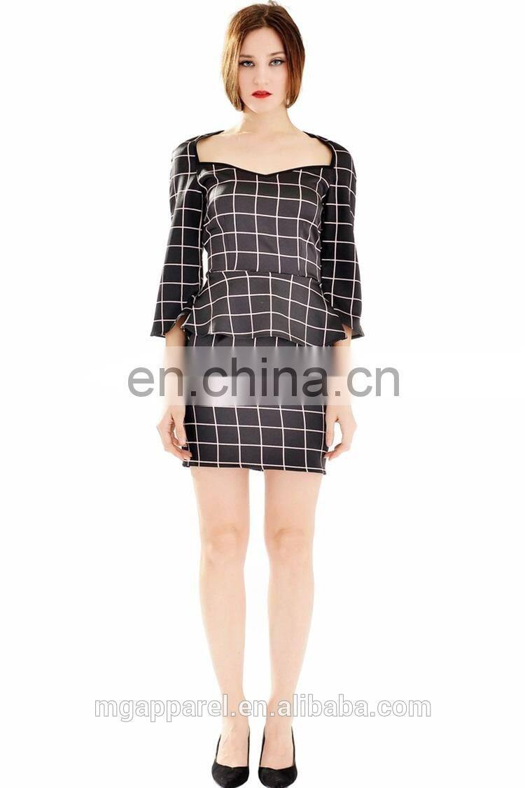 2015 new product elegant fancy windowpane plaid print women peplum dress long sleeve wholesale