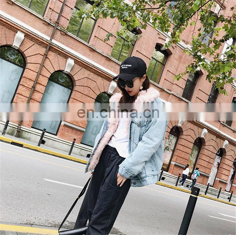 Fashion Wholesale Real Fur Lining Denim Jacket Women Lamb Fur Coat