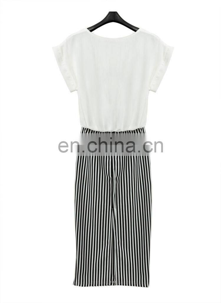 Classic black white stripes round neck knitting preppy style maxi dress