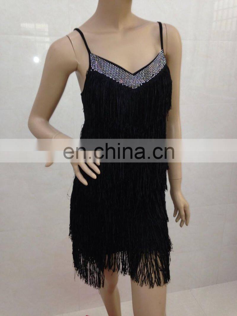 Black color sexy long tassel salsa dance dress for women L-7050#