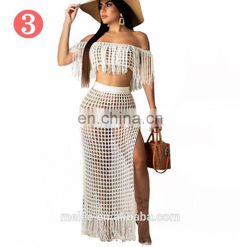 women summer two piece clothing off shoulder tassel swim wear cover up beach maxi dress bikinis 2020 swimwear beachwear