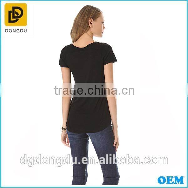 Lady Casual Fashion Black Rib Short Sleeve T-shirt 2016