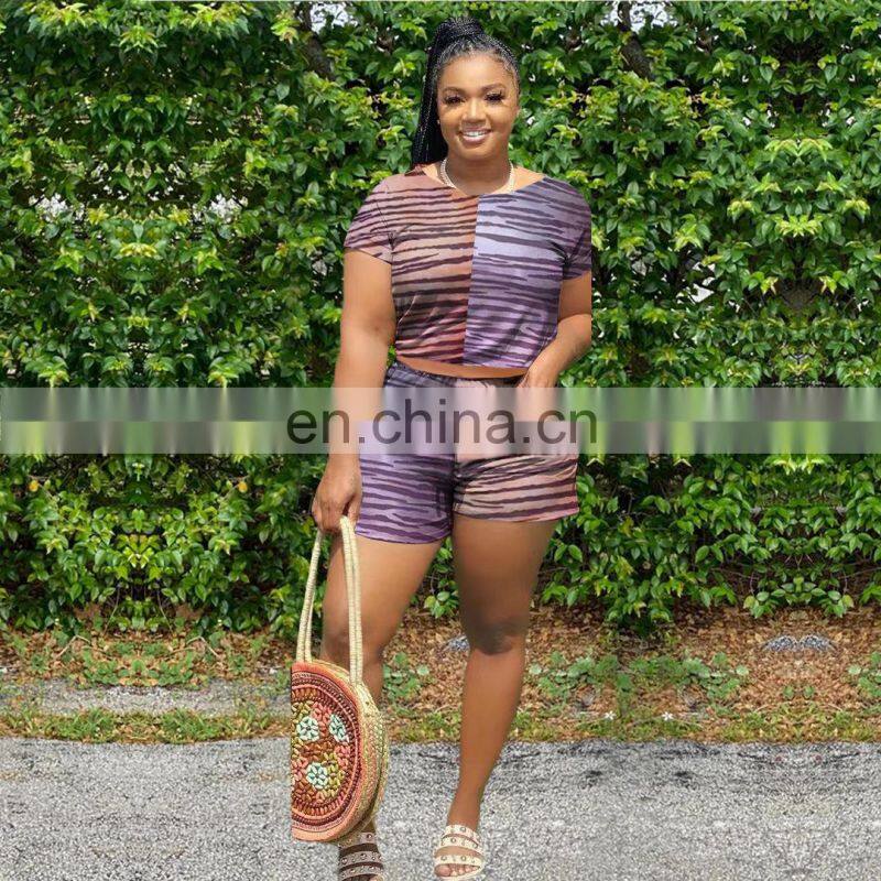 Summer new fashion sports and leisure plus size women's printed short-sleeved shorts suit wholesale custom LOGO