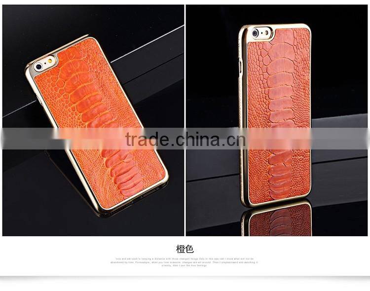 Luxury genuine ostrich leg leather case for iphone 6 with gold frame
