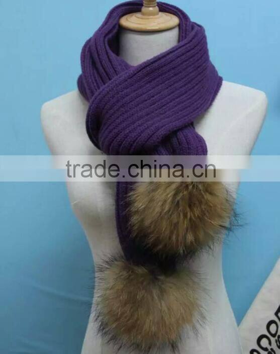 2016 Winter Newest Fashion 100% Real Raccon Fur Pompom Wool Knitted Women Crochet Scarf