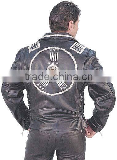2015 New fashion Naked Leather Motorcycle Jacket with Indian Beading for mens motorbike leather jacket